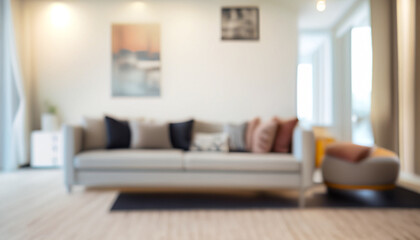 Fototapeta na wymiar Blurred view of light living room with sofa and soft bench; focused front down; selective focu
