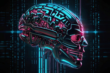 Digital AI electronic brain. Metallic with neon light, neural data storage machine. Futuristic technology concept. SEO-friendly image