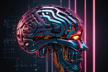 Digital AI electronic brain. Metallic with neon light, neural data storage machine. Futuristic technology concept. SEO-friendly image