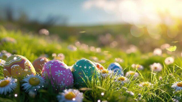 easter egg painted in various colors and located in a grass field with sunlight in Happy Easter Egg