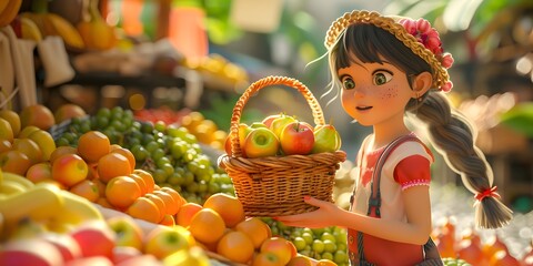 Cute kawaii colorful girl holding basket in hand buying fruits, apples, pears, bananas, oranges,...