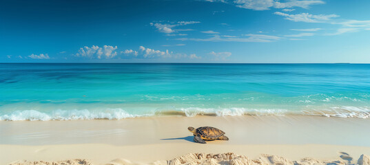 Tranquil sea turtle resting on sandy beach with mesmerizingly deep blue ocean