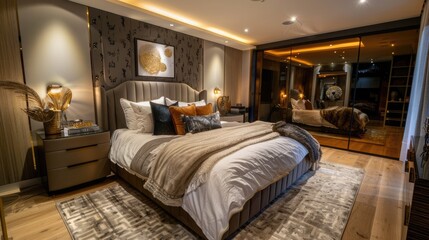 Fototapeta na wymiar Image of view of the double bed in the bedroom with luxury cuboard abd descent sofa