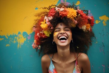 Playful Happy Brazilian girl in kindergarten. Playful little kid in positive mood. Generate ai