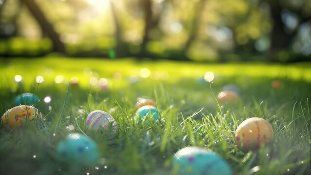 easter egg painted in various colors and located in a grass field with sunlight in Happy Easter Egg