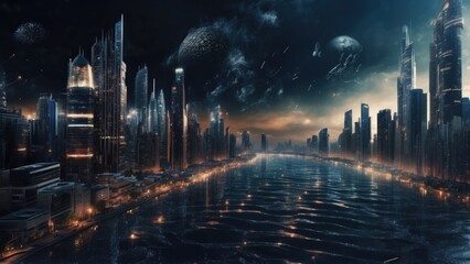 Fototapeta premium Drifting City in IT Technology Space Particles Background