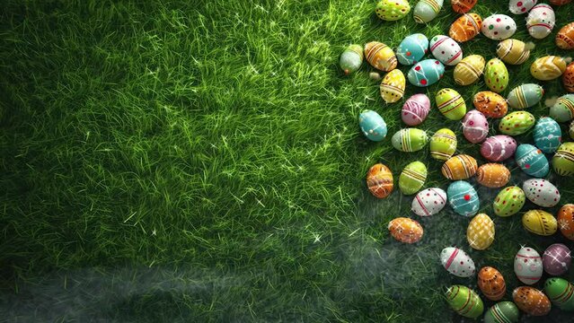 easter egg painted in various colors and located in a grass field