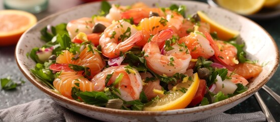 Delicious shrimp salad with fresh lemons and parsley, perfect summer dish for healthy eating