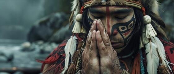 A Tlingit warrior kneels in prayer before battle seeking strength and guidance from his ancestors. - obrazy, fototapety, plakaty