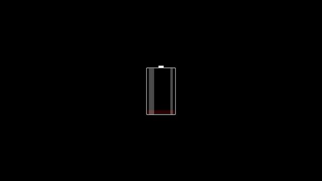 "Simple animation of a low battery indicator on a black screen background. Moving image with flat design. 