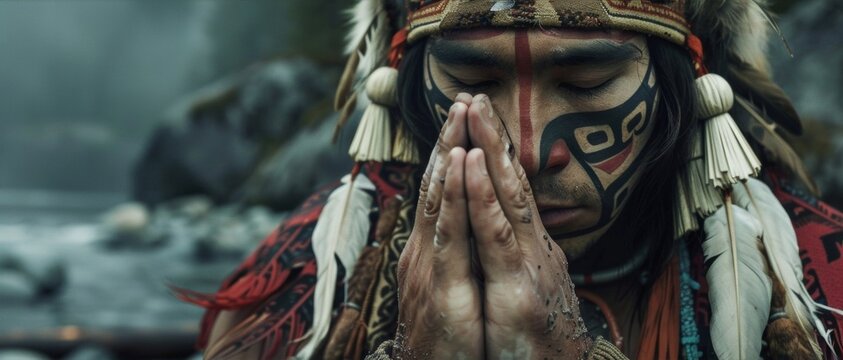 A Tlingit Warrior Kneels In Prayer Before Battle Seeking Strength And Guidance From His Ancestors.