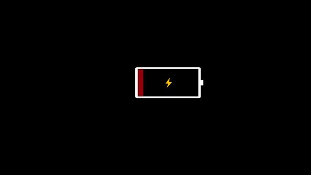 "Simple animation of a low battery indicator on a black screen background. Moving image with flat design.