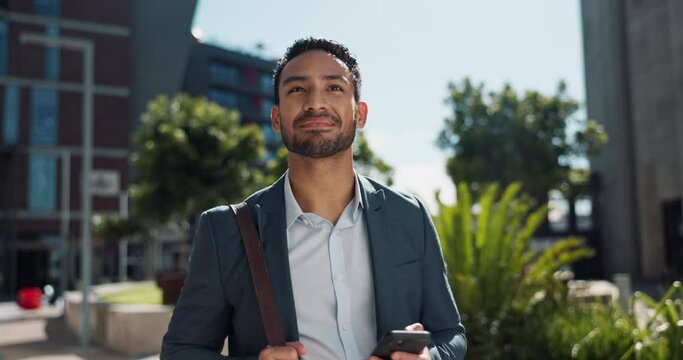 Business man, phone text and city with entrepreneur, smile and happy from morning commute and travel. Confidence, view and urban building with a male professional with social media and mobile
