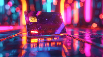 A futuristic credit card with glowing neon lights designed for online shopping , Generative AI