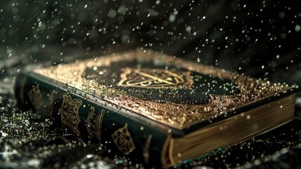 A still-life image of Koran (Holy Book of Muslims) on dark black background, with sprinkles falling on. - generative ai