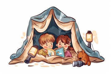 Cartoon cute doodles of siblings reading bedtime stories together under a blanket fort, with flashlights and cuddly toys, Generative AI
