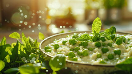 On a plate, hot pea risotto is artfully presented, crowned with fragrant lemon zest, while fresh green peas and herbs frame the dish, creating a visually appealing and appetizing ensemble. - obrazy, fototapety, plakaty