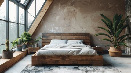 Luxury bedroom with modern wooden bed in loft style interior design room.