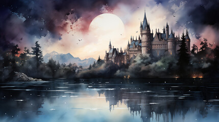 Fototapeta na wymiar An enchanting watercolor artwork of a majestic castle reflected in a calm, moonlit lake. Watercolor painting illustration.