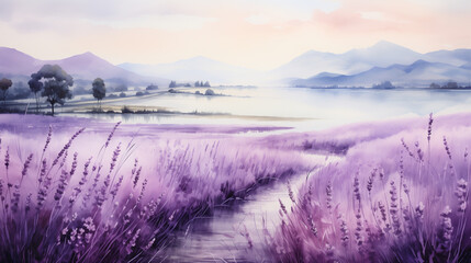 Obraz premium An evocative watercolor landscape capturing the beauty of a misty morning in a lavender field. Watercolor painting illustration.
