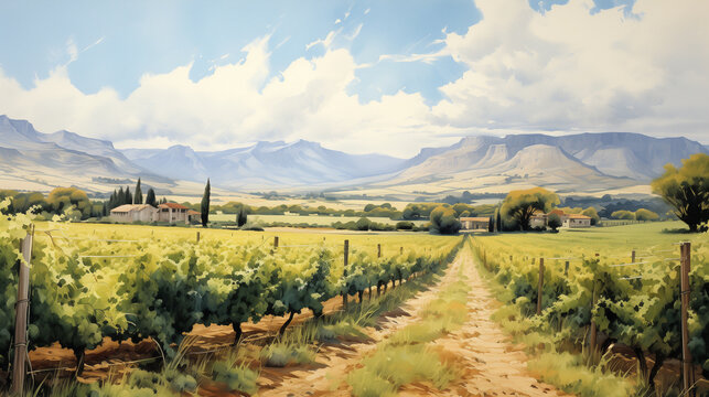 Rows of grapevines in a vineyard, with a charming country house and rolling hills in the background. Watercolor painting illustration.