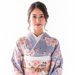 Pretty Young Woman in a Japanese Yukata-Style Wrap Dress with Soft Pastel Colors, Clear Skin for Beauty Advertisement photo on white isolated background