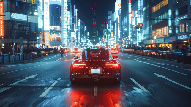 A supercar with dynamic light projection technology, displaying moving images over its body as it drives through a city at night.AI