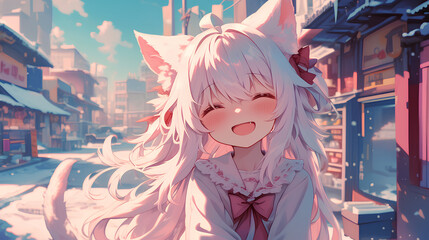 anime cat ear girl smiling happily - obrazy, fototapety, plakaty
