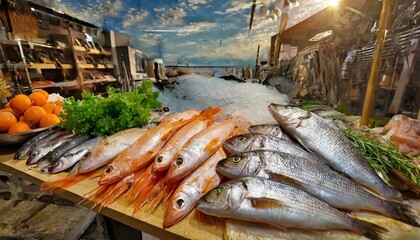 fresh fish on market stall , healthy food 