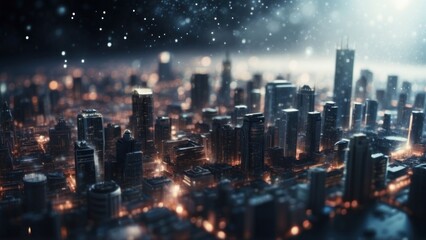 Fototapeta premium Drifting City in IT Technology Space Particles Background