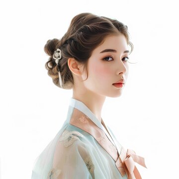 Pretty Young Woman in a Korean Hanbok-inspired Dress, featuring Flowing Silhouettes and Soft Pastel Colors, Complemented by Dewy Makeup Accentuating Her Youthful Glow photo white isolated background