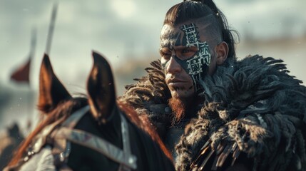 A Hunnic warrior sits astride his horse his face painted with fierce designs as he prepares for a skirmish with his enemies.