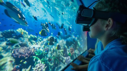 Through a virtual reality simulation students are transported to the depths of the ocean marveling at the diverse creatures and habitats they encounter while their teacher