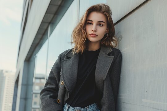 Pretty young woman in a sleek urban setting, her confident stance and chic attire capturing the essence of city life. photo on white isolated background