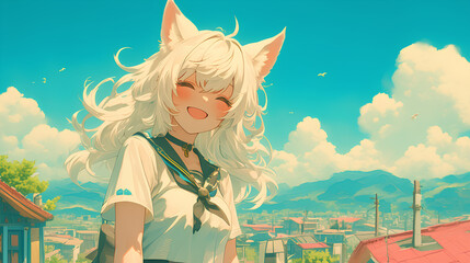 Obraz na płótnie Canvas anime cat ear girl smiling happily
