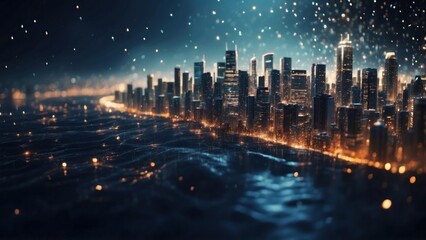 Fototapeta na wymiar Drifting City in IT Technology Space Particles Background