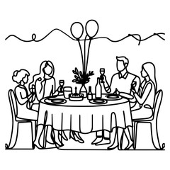 single continuous drawing black line family dinner sitting at table to celebration anniversary happy birthday party doodles vector