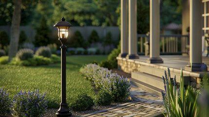 A br post light with a traditional design providing subtle lighting along a pathway in a manicured front yard. - obrazy, fototapety, plakaty