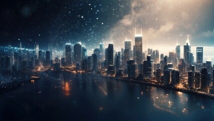 Naklejka premium Drifting City in IT Technology Space Particles Background