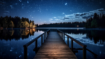 A starry night sky reflecting on a calm lake, with a dock leading into the water.  - obrazy, fototapety, plakaty