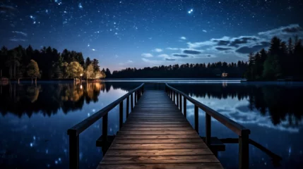 Papier Peint photo Réflexion A starry night sky reflecting on a calm lake, with a dock leading into the water. 