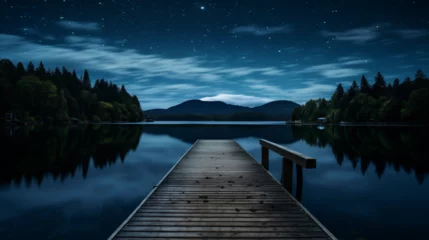 Papier Peint photo Réflexion A starry night sky reflecting on a calm lake, with a dock leading into the water. 