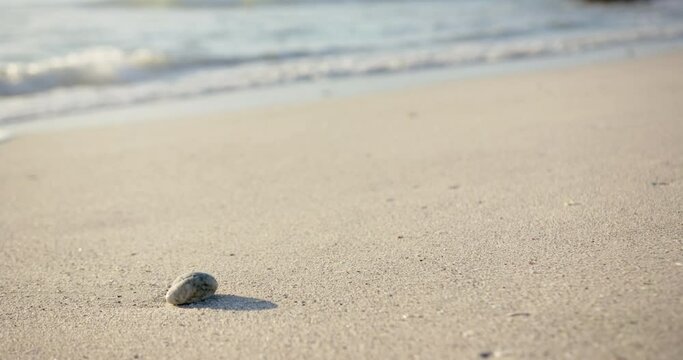 A single pebble rests on a sandy beach with waves in the background, with copy space