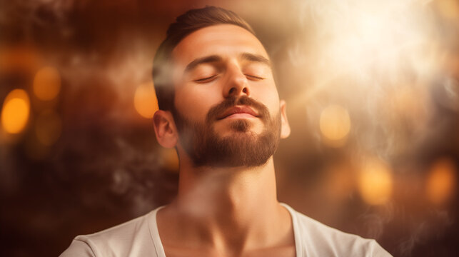 Tranquil man meditates peacefully with eyes closed against warm bokeh background