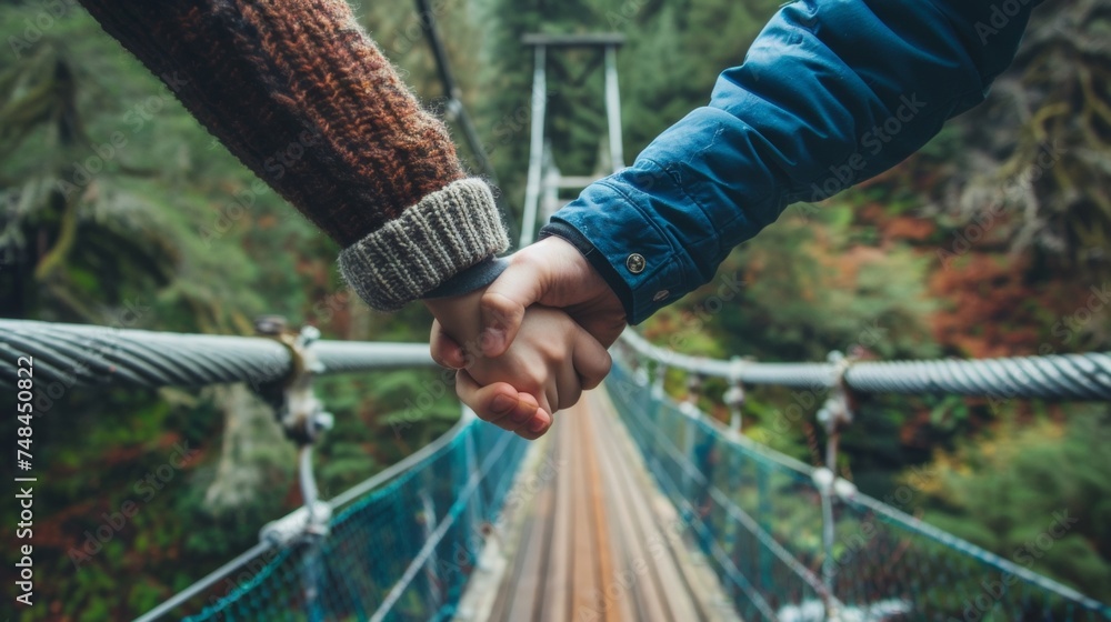 Poster a closeup of hands holding on tightly to each other as they step forward onto a bridge with unwaveri