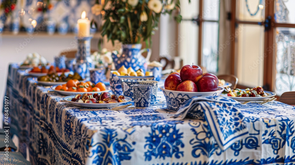 Poster a table covered in vibrant blue and white tablecloths adorned with intricate patterns and symbols of