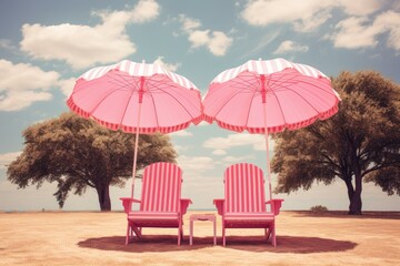 Unique Pink beach surreal umbrella. Art summer. Generate Ai