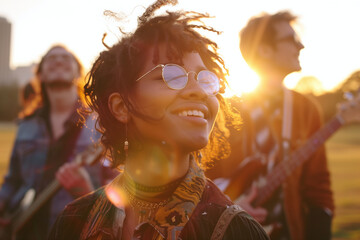 A young woman with glasses smiles radiantly, enjoying an outdoor music session with friends against...