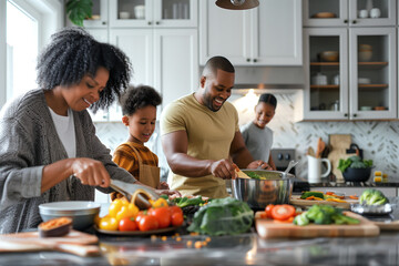 A family shares a joyful cooking experience in their large, modern kitchen, surrounded by fresh ingredients and smiles