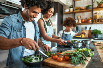 A cheerful family of four is engaged in cooking a healthy meal together in their sunlit, contemporary kitchen